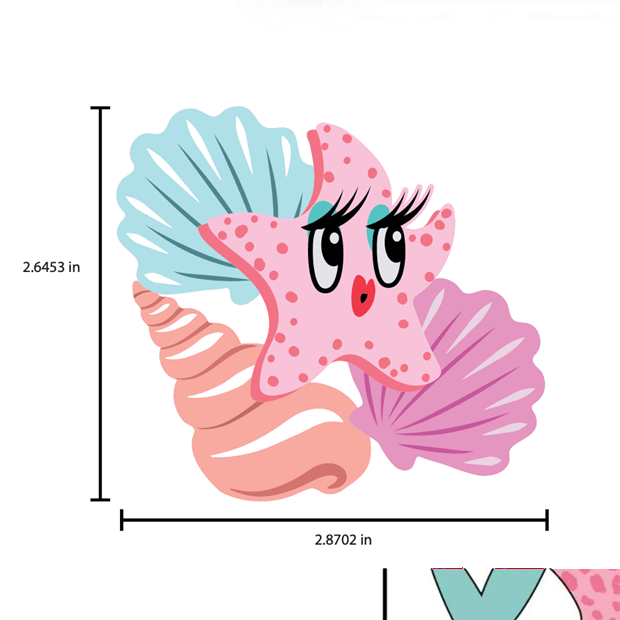 A whimsical starfish-shaped hair clip or brooch featuring a pink starfish with red polka dots, large cartoon eyes, eyelashes, and a small pink nose, layered over three seashell shapes in light blue, beige, and darker pink on a white background.