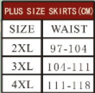 A size chart table for plus-size skirts in centimeters, showing waist measurements for sizes 2XL, 3XL, and 4XL.