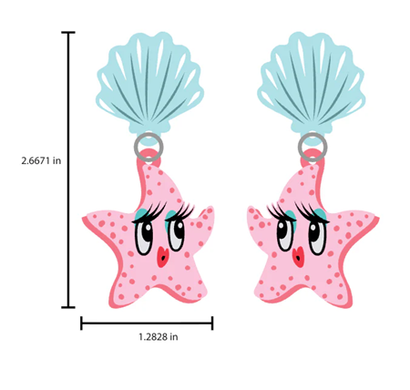 A pair of dangle earrings featuring pink starfish charms with cartoon eyes and red rhinestone accents, hanging from translucent light blue seashell studs on a white 