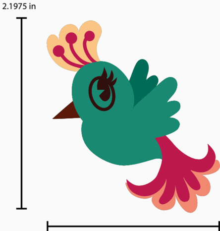 A stylized bird graphic on a light gray background with black dimension lines and text indicating 2.1975 in height and width.