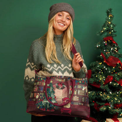 Woman holding a patterned bag in front of a decorated Christmas tree