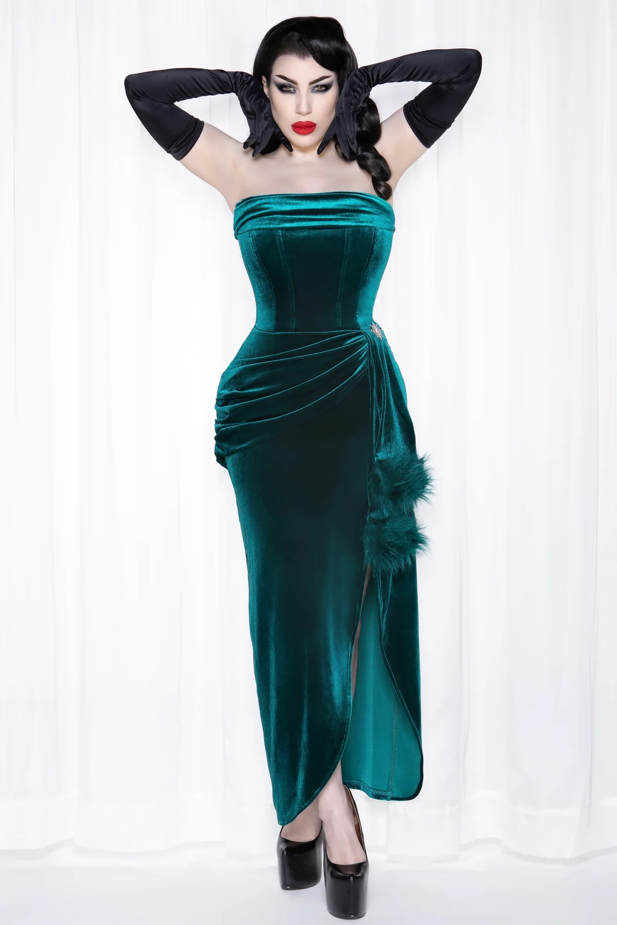 Phantom Emerald Velvet Swag Gown by Weasel Wea