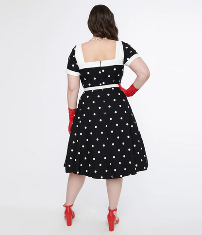 Unique Vintage 1950s Black & White Polka Dot Swing Dress | Size 1Xlarge/16 Only