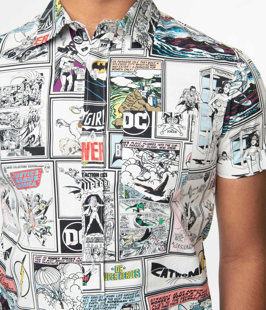 Unique-Vintage x DC Comic Panel Superhero's Men's Shirt - Only Medium & Large Left