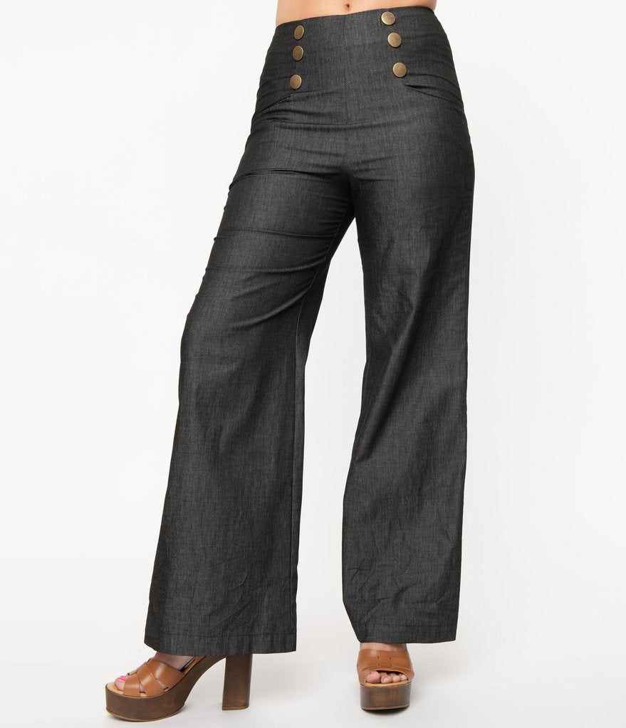 Unique-Vintage Black Chambray Steinem Pants