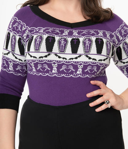Unique-Vintage Purple Coffins & Cats Fair Isle Pattern Scully Sweater | Only Size Medium/6-8 Left