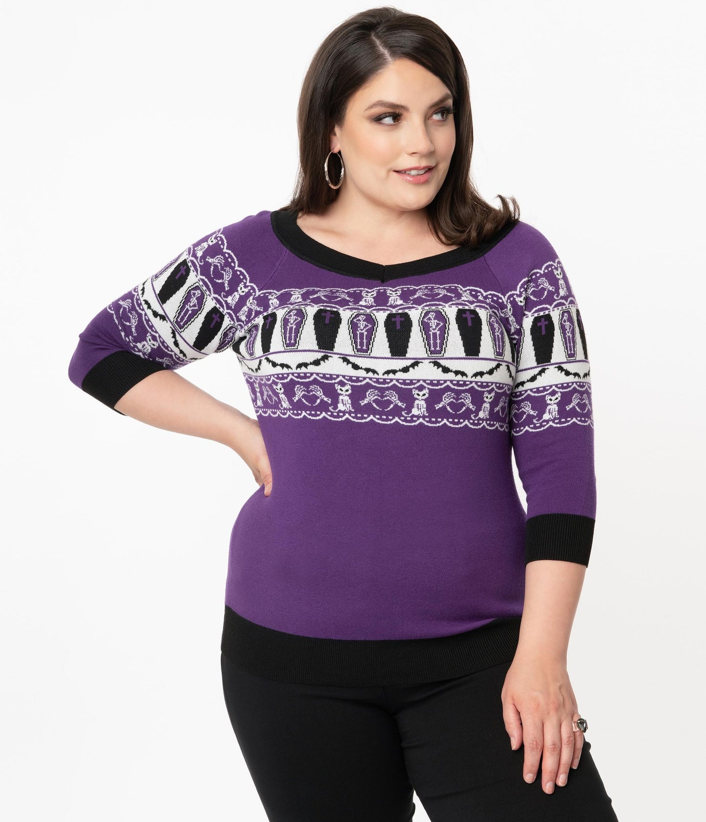 Unique-Vintage Purple Coffins & Cats Fair Isle Pattern Scully Sweater | Only Size Medium/6-8 Left