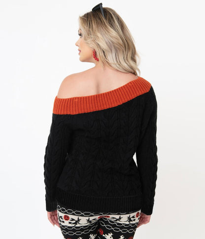 Unique Vintage Black & Burnt Orange Off Shoulder Allen Sweater lana rose fashion halloween