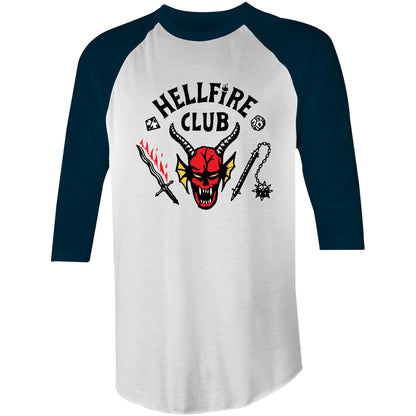 A 3/4 sleeve raglan t-shirt with a white body and dark navy blue sleeves. The front features a graphic print of a red horned devil skull with the text 'HELLFIRE CLUB' in black arched above it, flanked by a flaming sword and a mace.