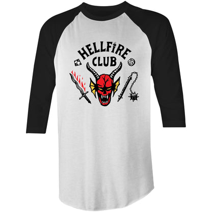 Hellfire Club t Shirt stranger things lana rose fashion A raglan-style baseball t-shirt with a black collar and black sleeves, featuring a graphic print on the front with the text 'HELLFIRE CLUB' and a red horned devil skull surrounded by weapons.