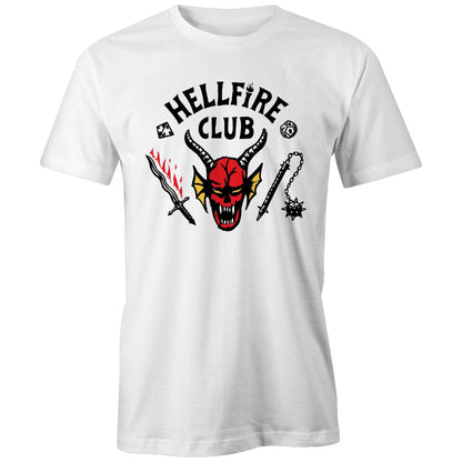 White short-sleeve t-shirt featuring a graphic print of a red horned devil head with the text 'HELLFIRE CLUB' in black arched above it, accompanied by a black sword with red flames, a black spiked mace, and dice icons.