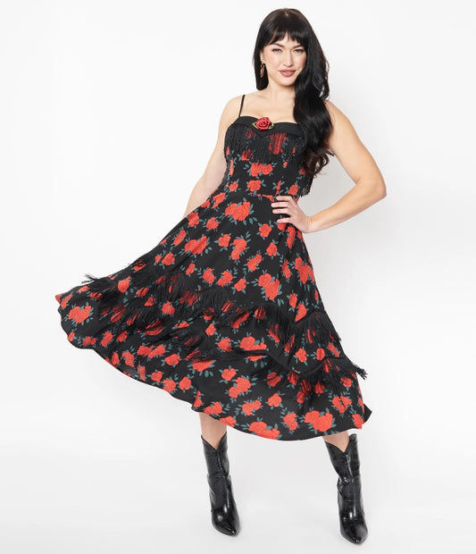 Unique Vintage Black & Red Rose Print Girlie Swing Dress western lana rose fashion