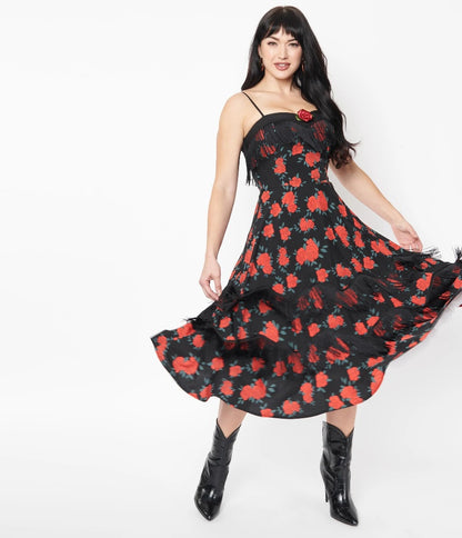 Unique Vintage Black & Red Rose Print Girlie Swing Dress western lana rose fashion
