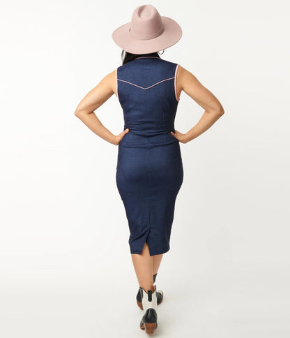 Unique Vintage Blue Denim Western Fringe Festival Wiggle Dress lana rose fashion