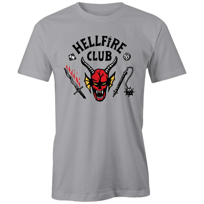 A light gray short-sleeve t-shirt featuring a graphic print on the front with the words 'HELLFIRE CLUB' in black, a red horned devil face, a black sword with red flames, and a black spiked chain.