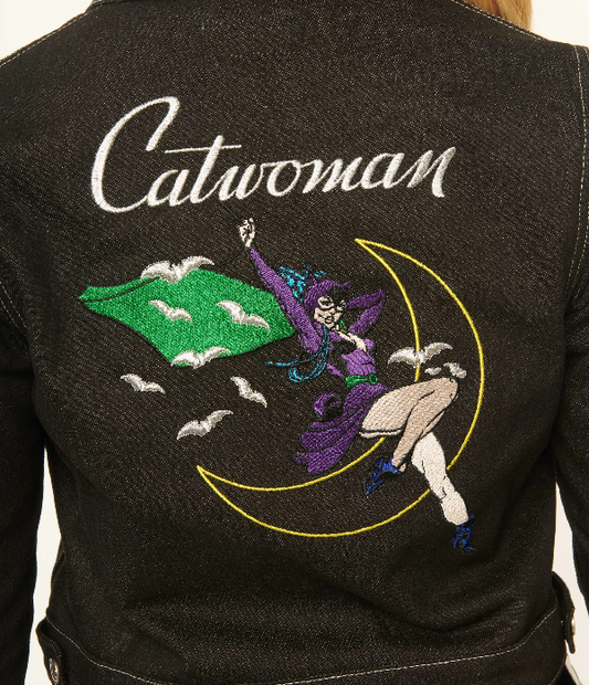Unique Vintage x DC Comics Catwoman Black Denim Wash, Rhythm & Blue Jean Jacket