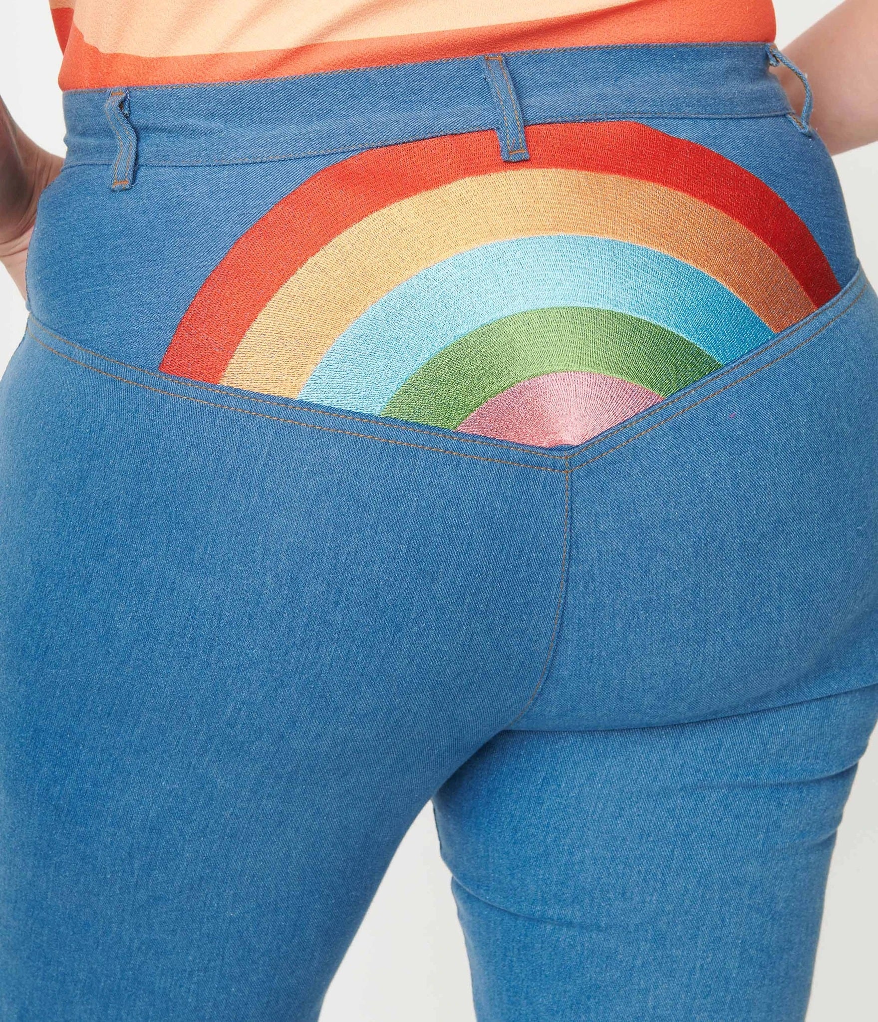 Unique Vintage x Pride Blue Denim Rainbow Embroidered Jeans