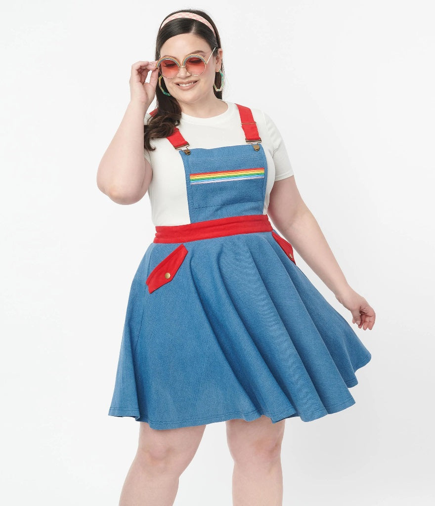 Unique Vintage x Rainbow Brite Blue Denim Rainbow Pinafore Skirt