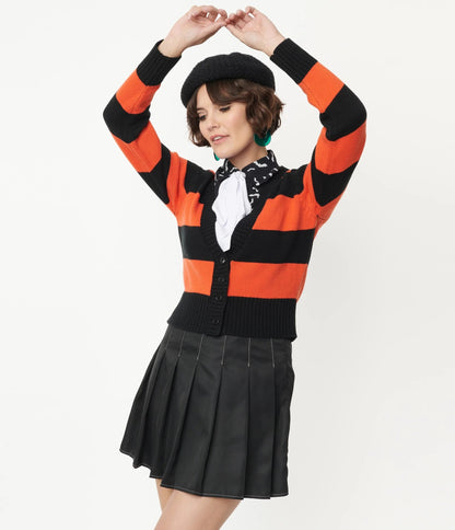 Smak Parlour Orange & Black Striped Spooky Scaredy Cat Cardigan halloween unique vintage lana rose fashion