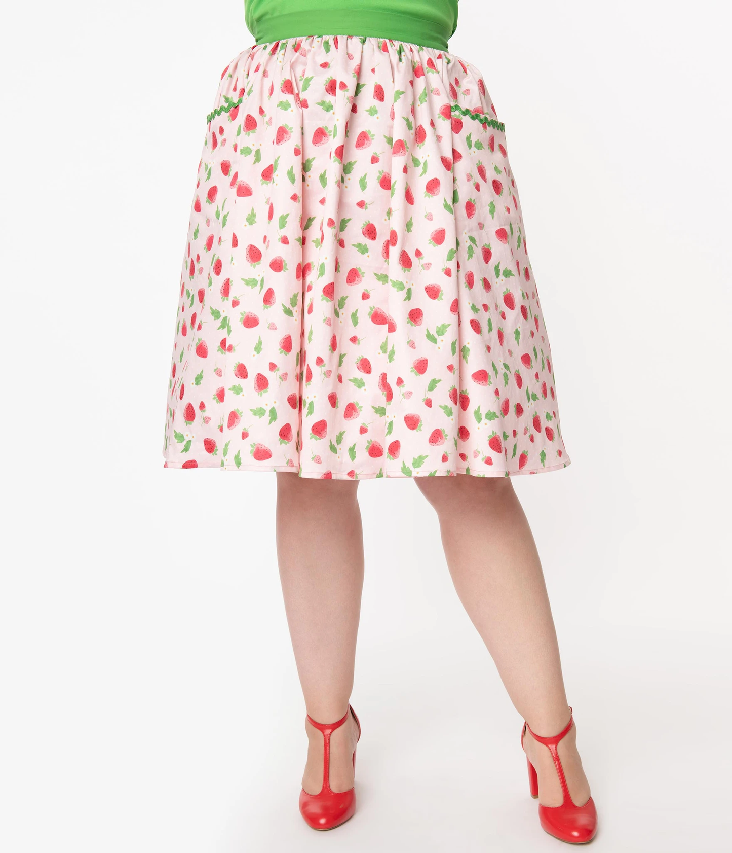Unique-Vintage Light Pink & Strawberry Print Susannah Swing Skirt