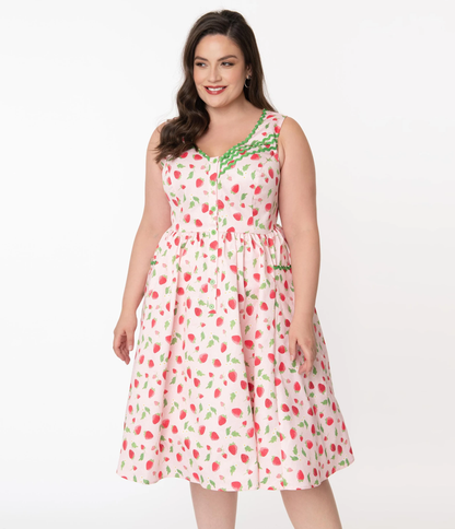 Unique-Vintage Pink & Strawberry Print Syracuse Swing Dress