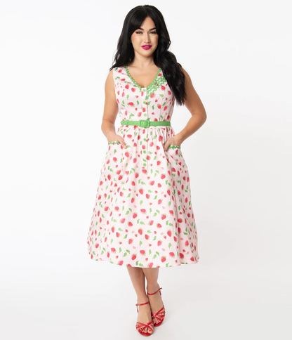Unique-Vintage Pink & Strawberry Print Syracuse Swing Dress
