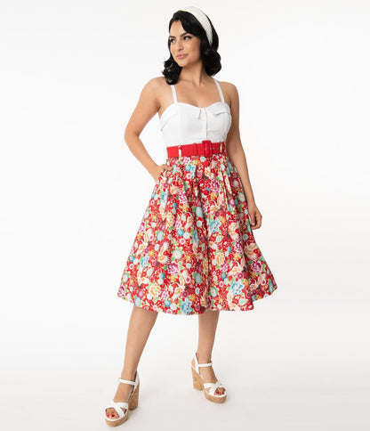 Unique-Vintage Red & Multicolor Crane Print Waikiki Swing Skirt | Only XSmall & 1XLarge Left
